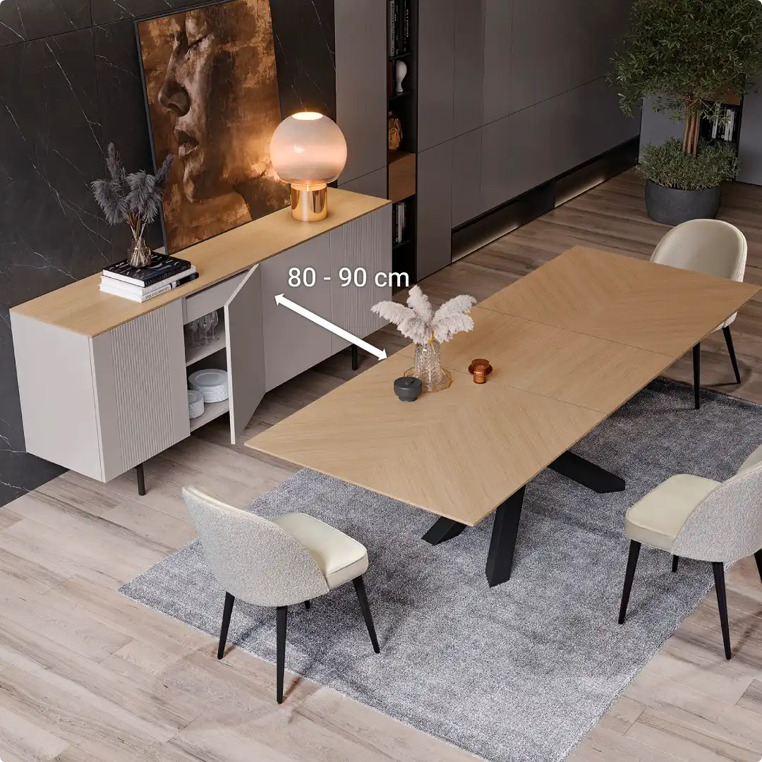 distancia al rededor de la mesa de comedor