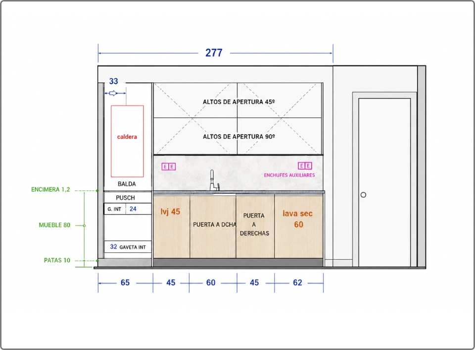 planos técnicos cocina abierta al salón proyecto